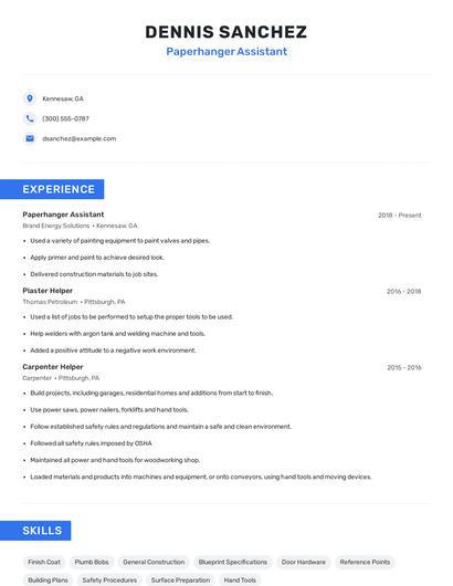 Paperhanger Assistant Resume