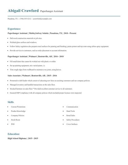 Paperhanger Assistant Resume