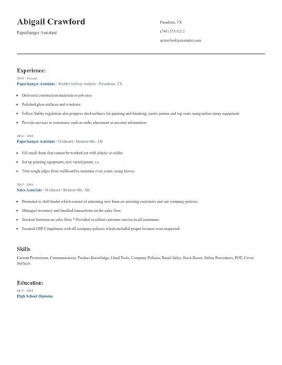 Paperhanger Assistant Resume