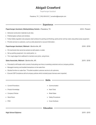 Paperhanger Assistant Resume