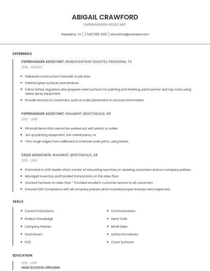 Paperhanger Assistant Resume