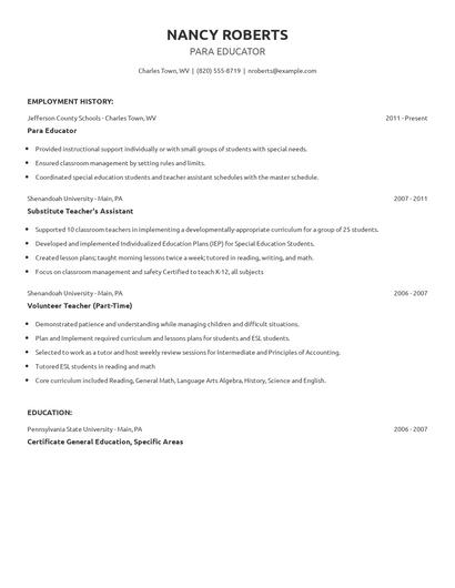 Para Educator Resume