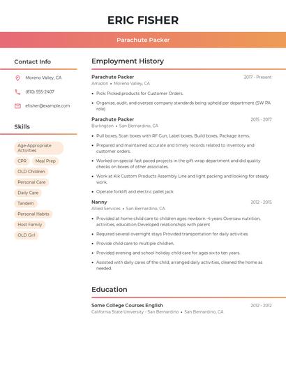 Parachute Packer Resume
