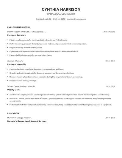 Paralegal Secretary Resume