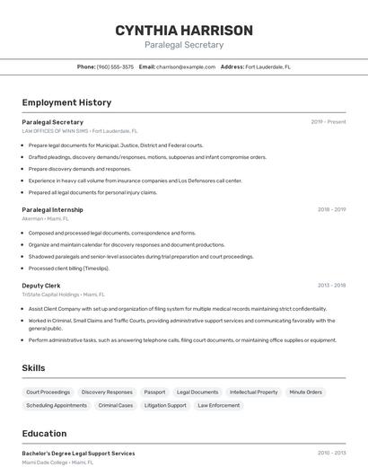 Paralegal Secretary Resume