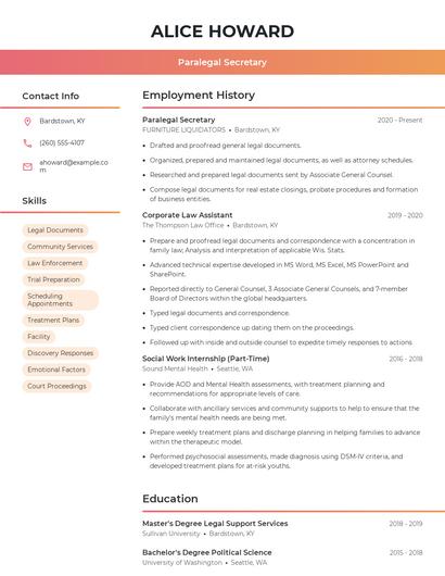 Paralegal Secretary Resume