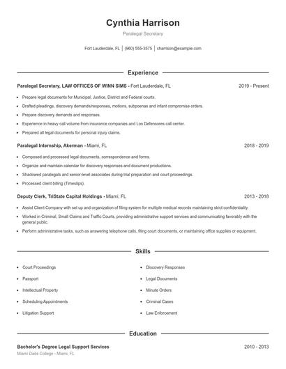 Paralegal Secretary Resume