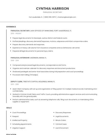 Paralegal Secretary Resume