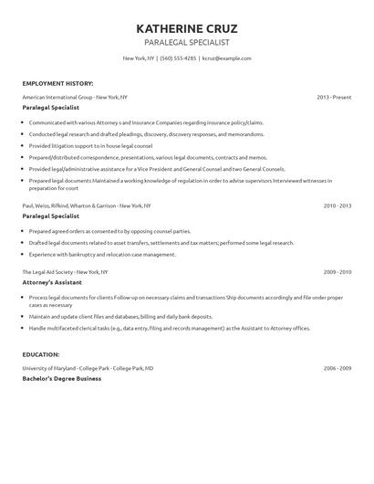 Paralegal Specialist Resume
