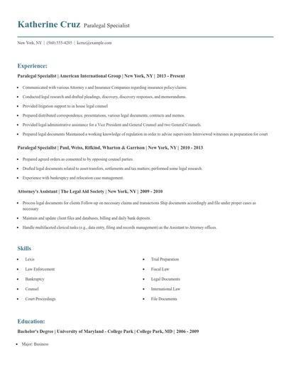Paralegal Specialist Resume