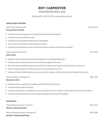 Paraprofessional Aide Resume