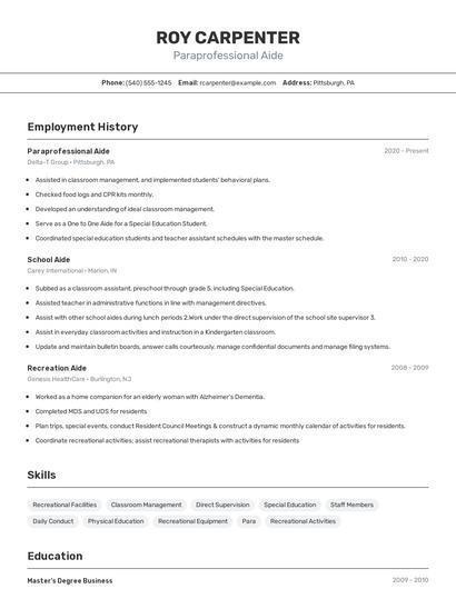Paraprofessional Aide Resume