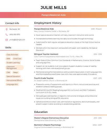 Paraprofessional Aide Resume