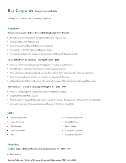 Paraprofessional Aide Resume