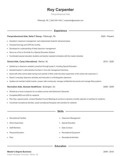 Paraprofessional Aide Resume