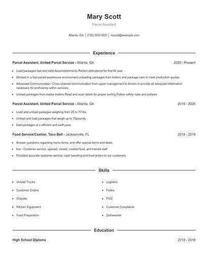 Parcel Assistant Resume