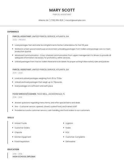 Parcel Assistant Resume