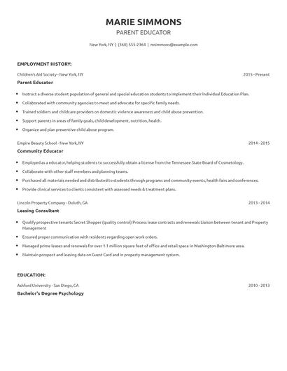 Parent Educator Resume