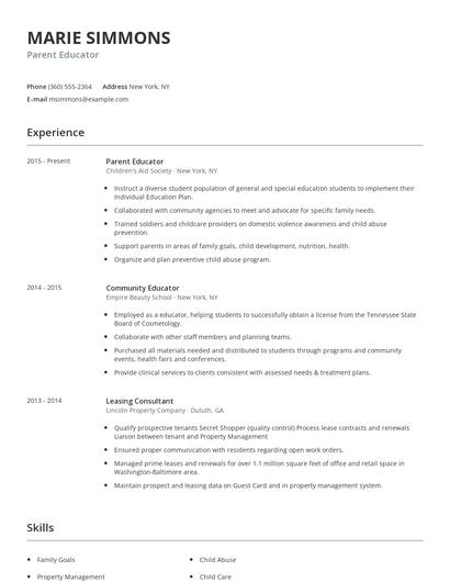 Parent Educator Resume