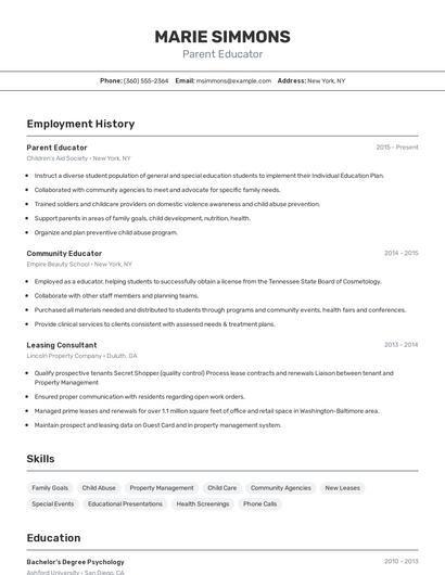Parent Educator Resume