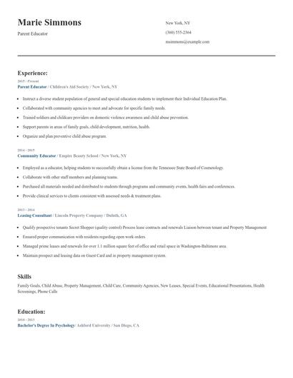 Parent Educator Resume