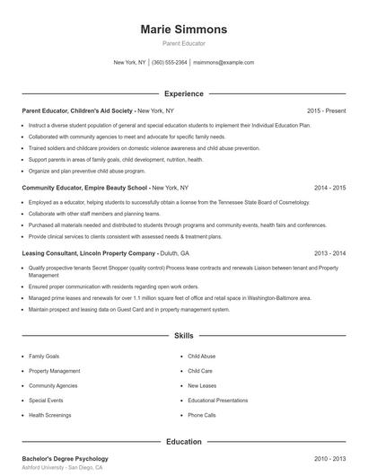 Parent Educator Resume
