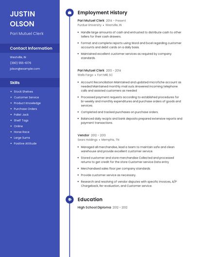 Pari Mutuel Clerk Resume