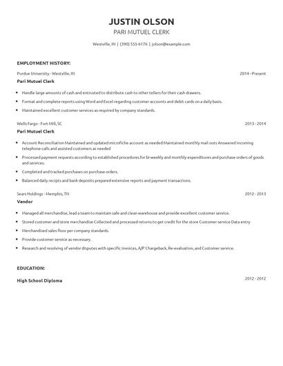 Pari Mutuel Clerk Resume