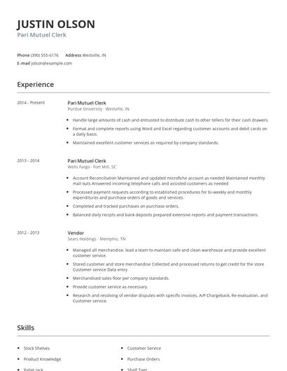 Pari Mutuel Clerk Resume