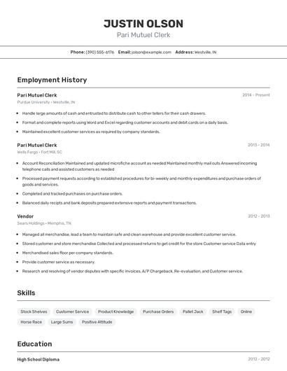 Pari Mutuel Clerk Resume