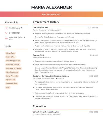 Pari Mutuel Clerk Resume