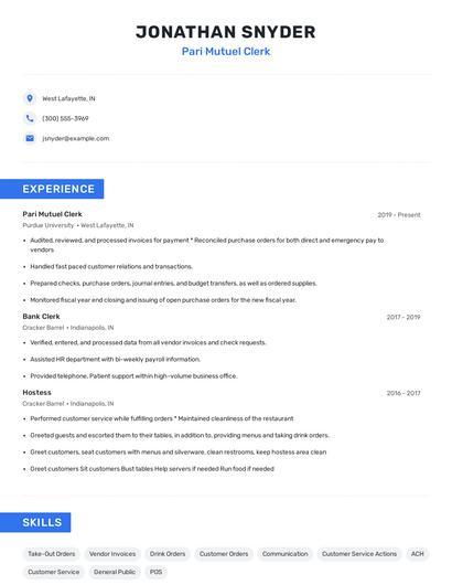 Pari Mutuel Clerk Resume