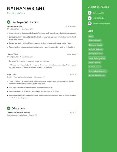 Pari Mutuel Clerk Resume