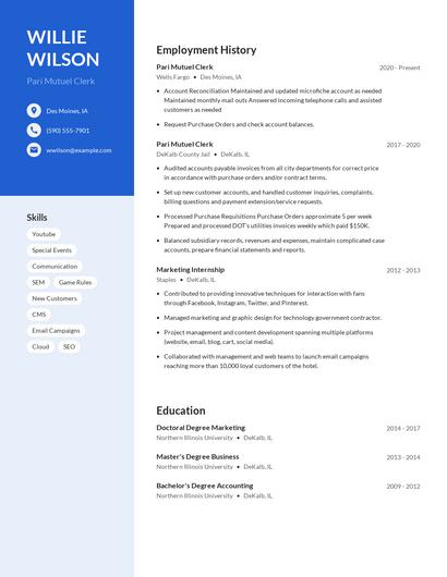 Pari Mutuel Clerk Resume