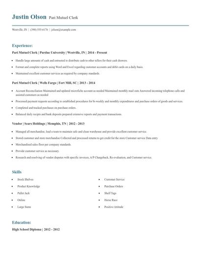 Pari Mutuel Clerk Resume