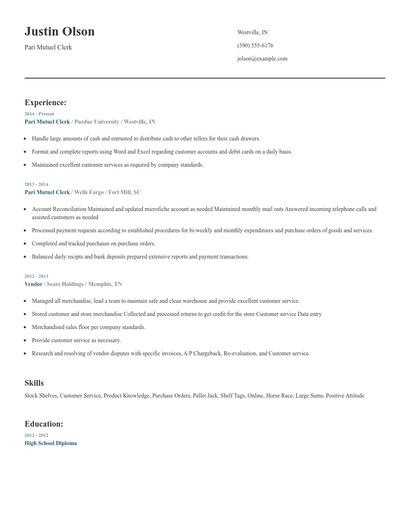 Pari Mutuel Clerk Resume