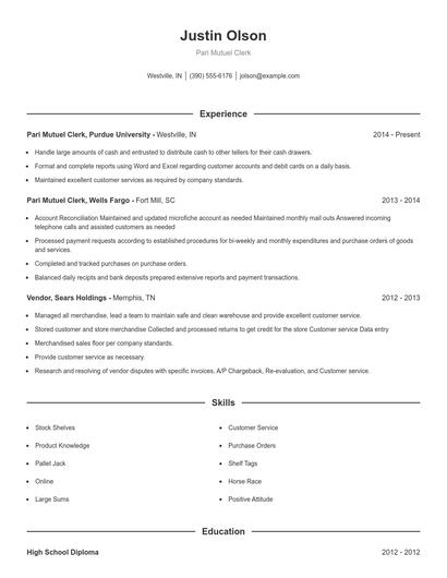 Pari Mutuel Clerk Resume
