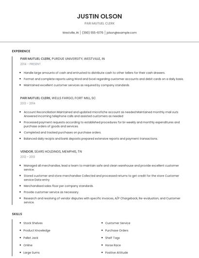 Pari Mutuel Clerk Resume