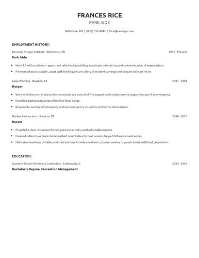 Park Aide Resume