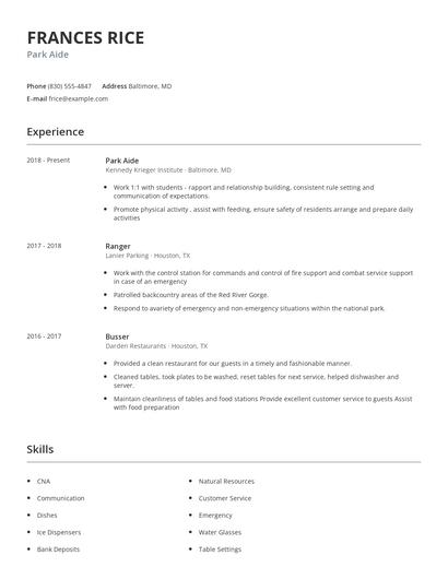Park Aide Resume