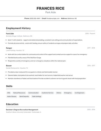 Park Aide Resume