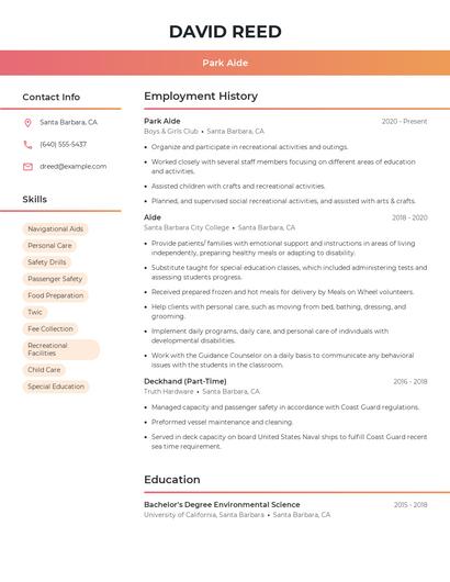 Park Aide Resume