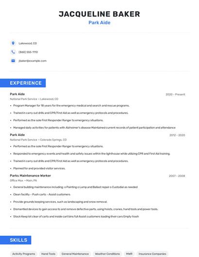 Park Aide Resume