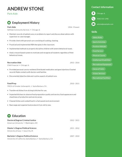 Park Aide Resume