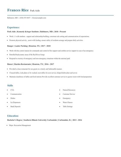 Park Aide Resume