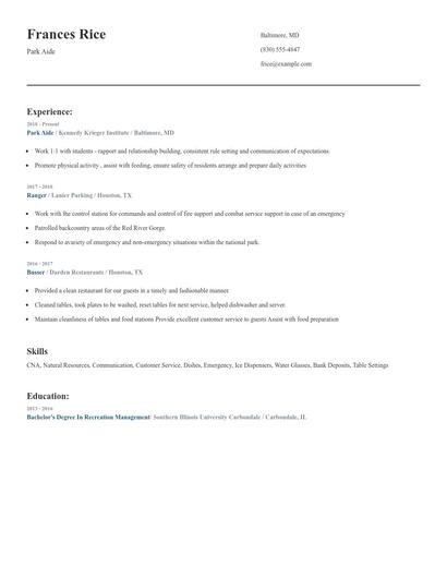Park Aide Resume