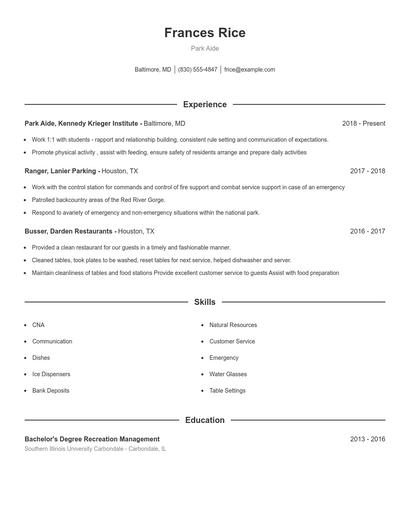Park Aide Resume
