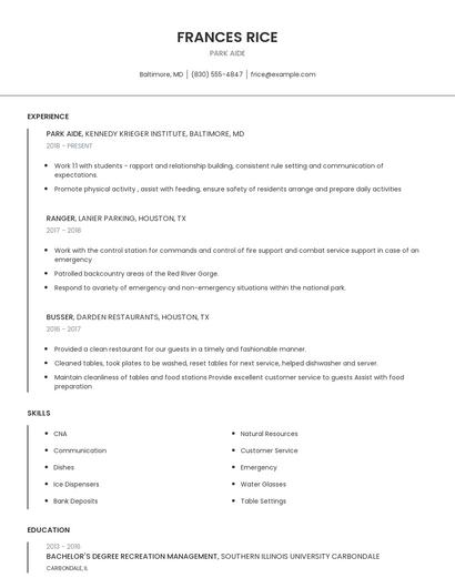 Park Aide Resume