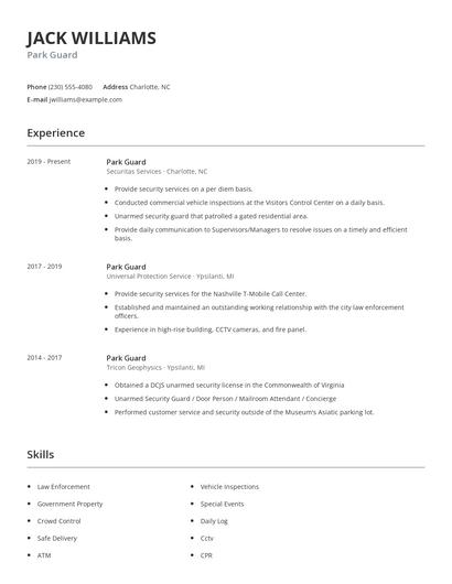 Park Guard Resume