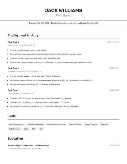 Park Guard Resume